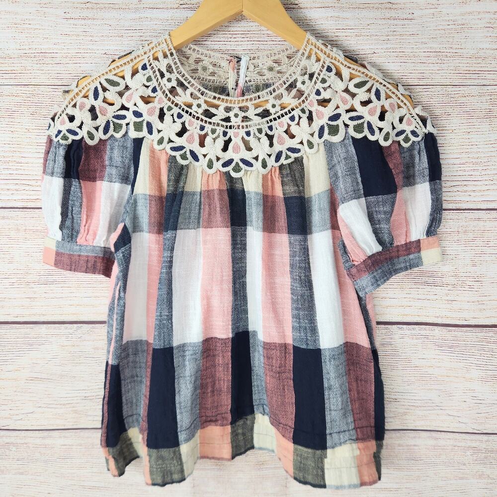 Anthropologie Top Womens Small Plaid Swing Embroidered Lace Boho Puff Sleeve